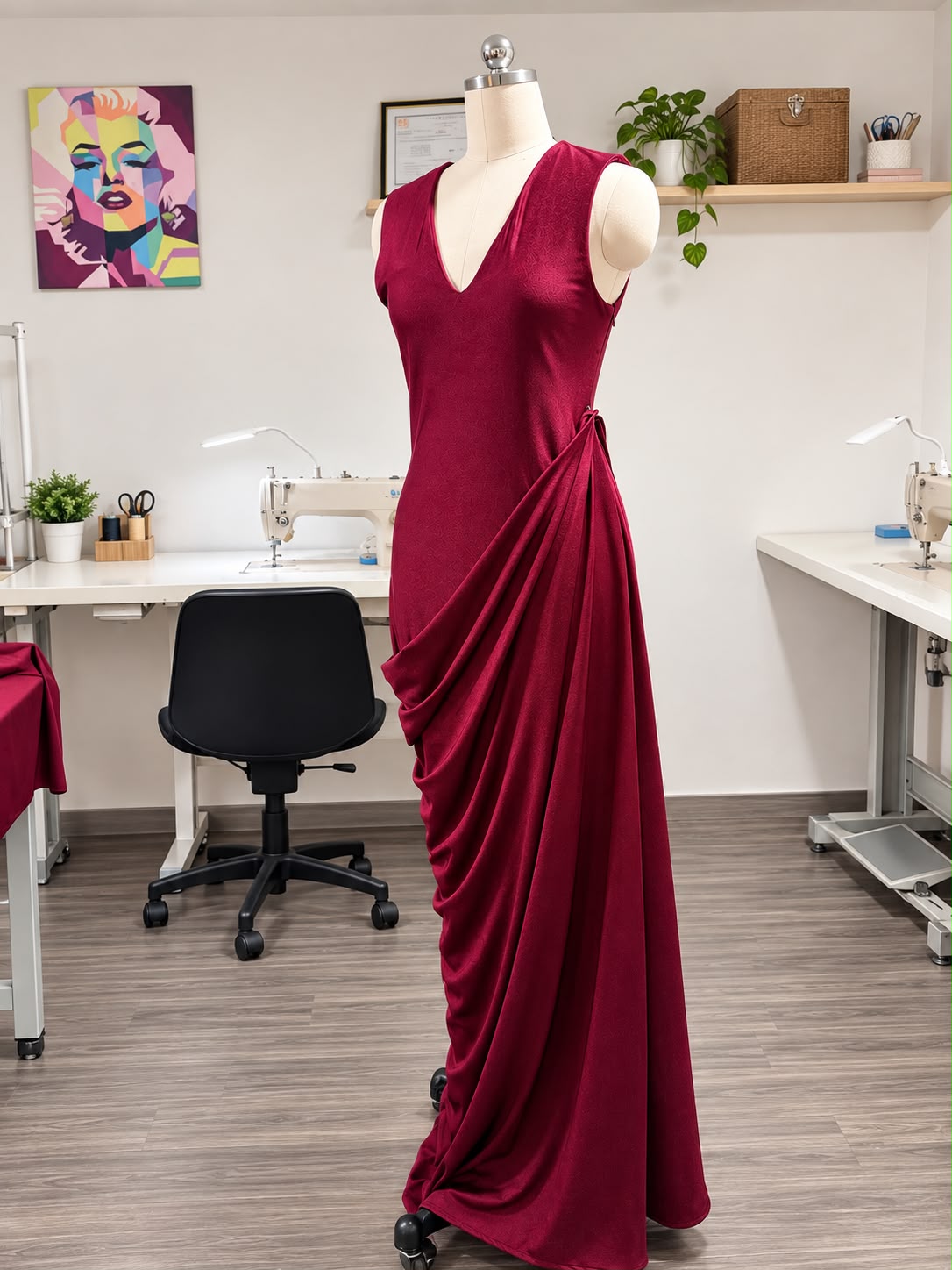 Vestido de gala rojo drapeado sobre un maniquí en el taller