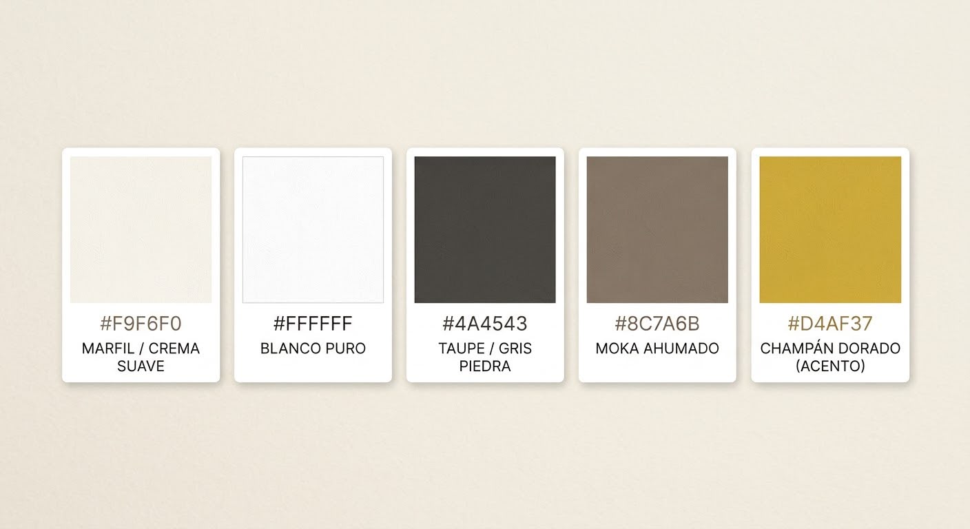 Paleta de textiles de la casa: marfil, blanco, negro, moka y dorado